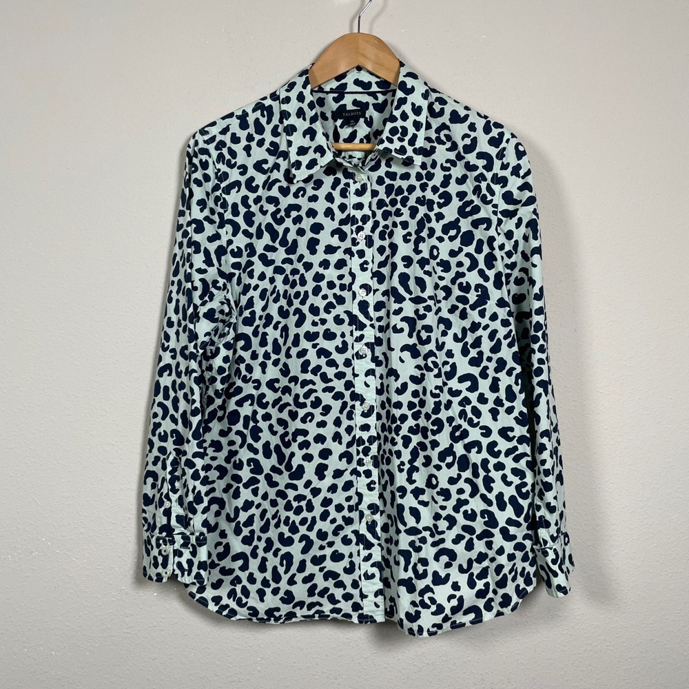 Talbots Button Up Shirt Classic Office XL Mint Green Navy Leopard Print Cotton
